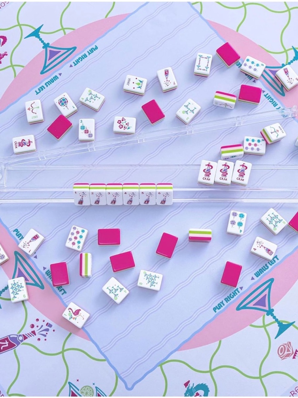 Premium Home Mahjong Set in White with Pink & Green Accents - Picture 6 of 13